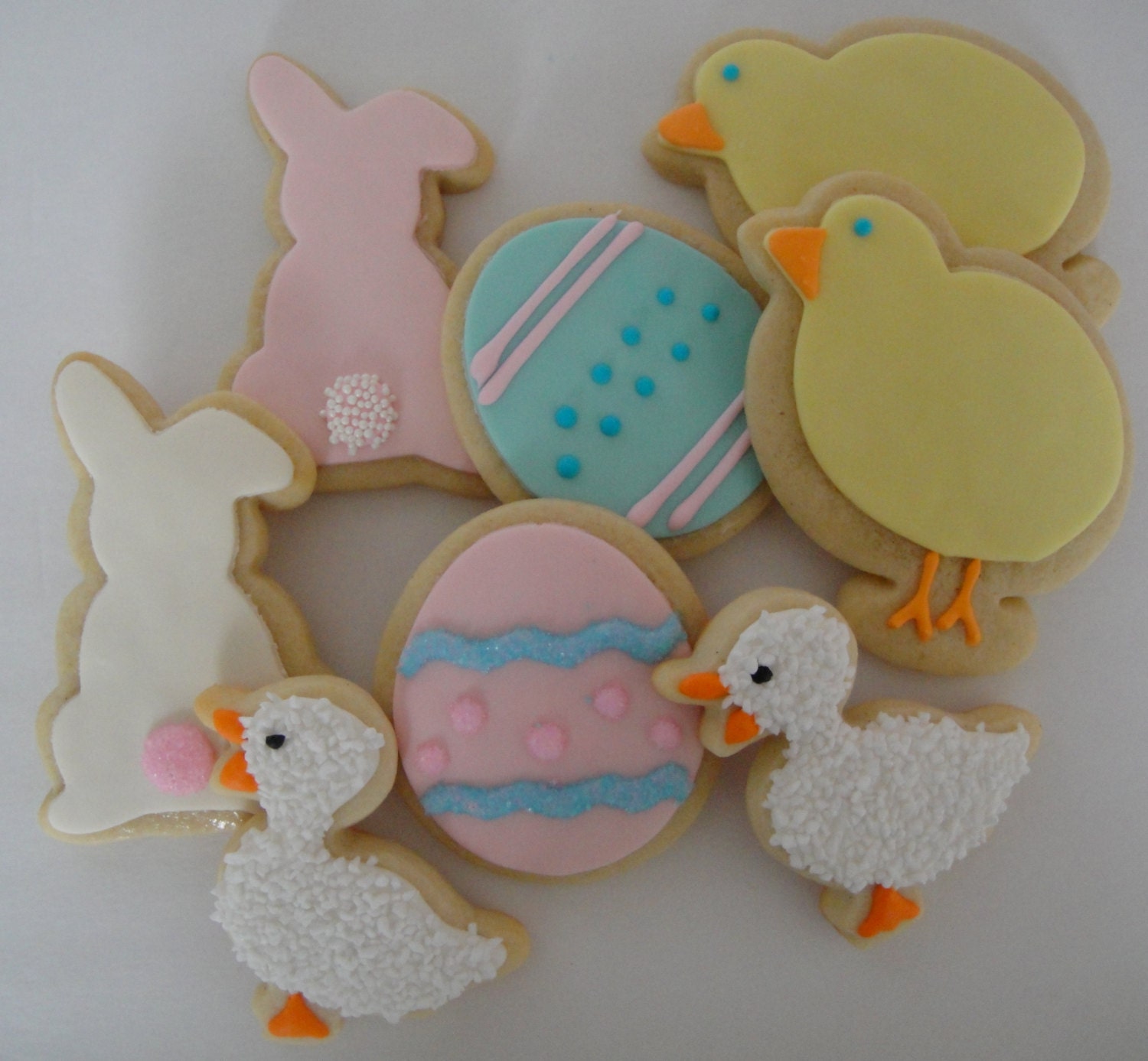 Assorted Easter Cookies - Iced Sugar Cookies - Easter Eggs, Cotton Tail Bunny, Chicks, Quacking Duck
