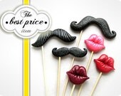 6 Plastic Mustache and Lips on sticks - Wedding photobooth props - Best Price