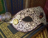 Steampunk Mask (M3) - Silver and Black Glitter Fabric - Various Gears - Clockface - Mardi Gras - Swarovski Crystals