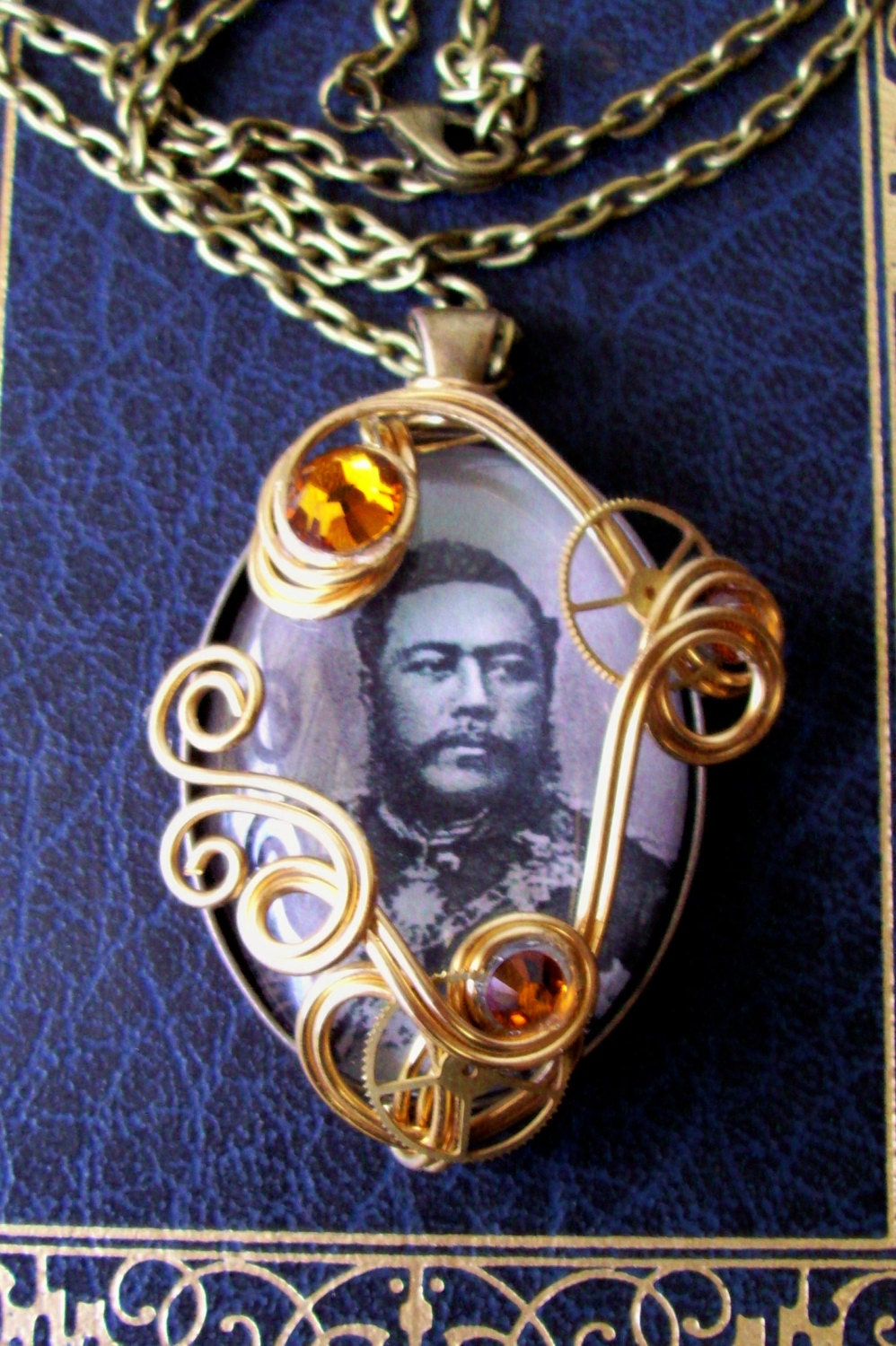Hawaiian Monarchy Necklace (HM29) - King Kalakaua Pendant  - Wire Wrapped - Vintage Artwork under Glass Cabochon - Swarovski Crystal