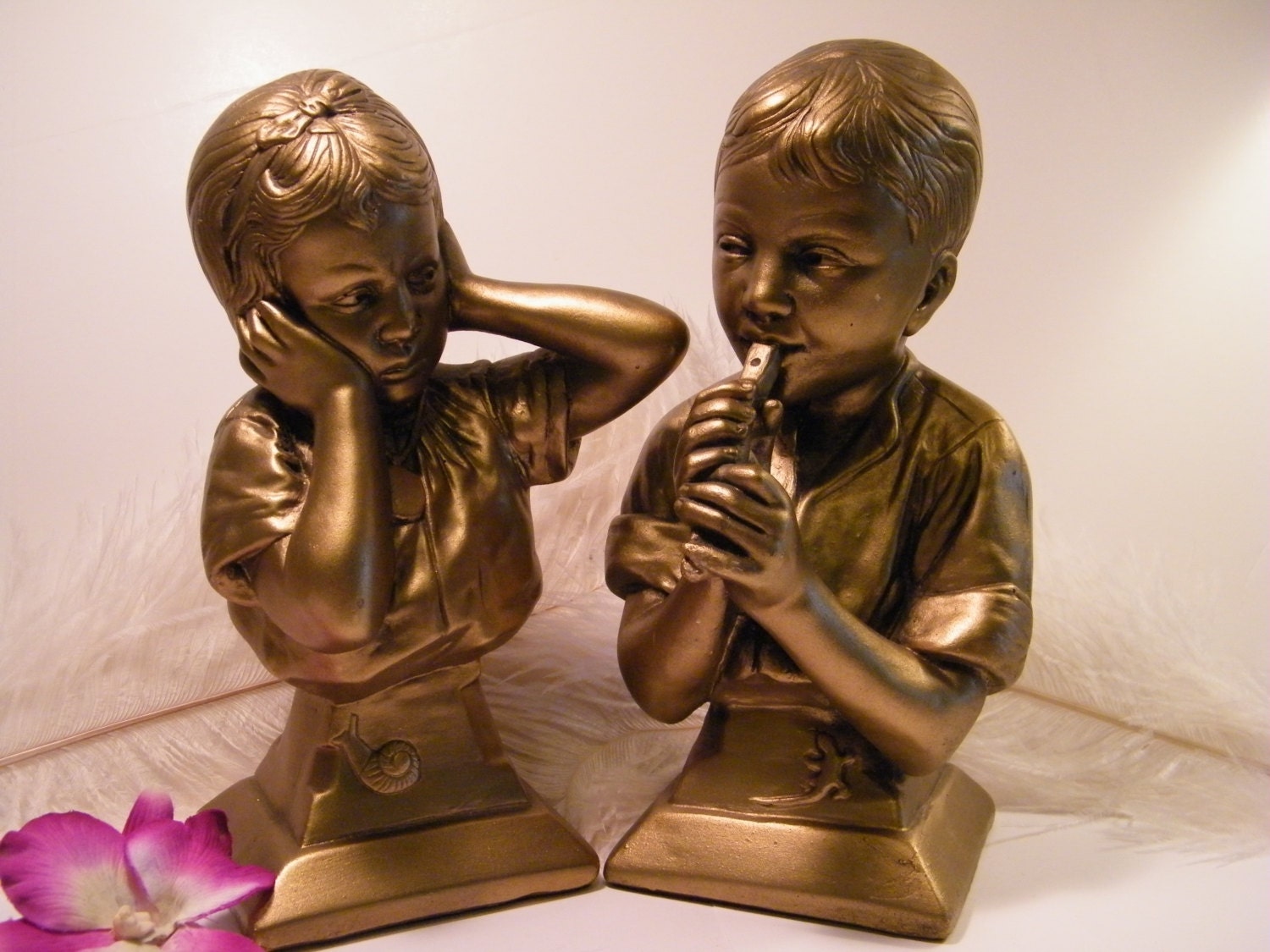 Vintage Ceramic Gold Color Busts / Brother and Sister / Boy and Girl / Mother Dad Brother Sister  / Signed / Set of 2