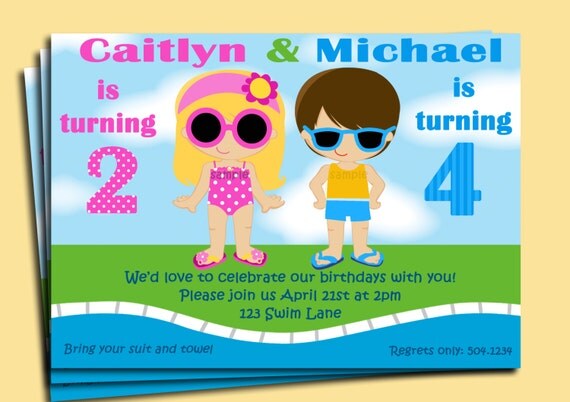 Sibling Pool Party Invitation Printable - You pick boy/girl, hair color/style & skin tone Il_570xn