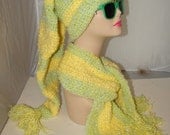 CHS-8 Crochet Oversized Long Elf Slouchy Beanie Hat and Scarf Set Yellow Green Acrylic Boucle Spring Fashion