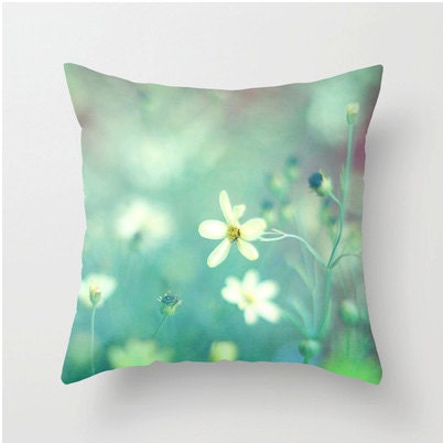 Aqua Pillow Case,  Mint Green Pillow, Floral White & Aqua Pillows, White Flower Flowers Unisex Nursery Pillow 16x16 or 18x18 Throw Pillow