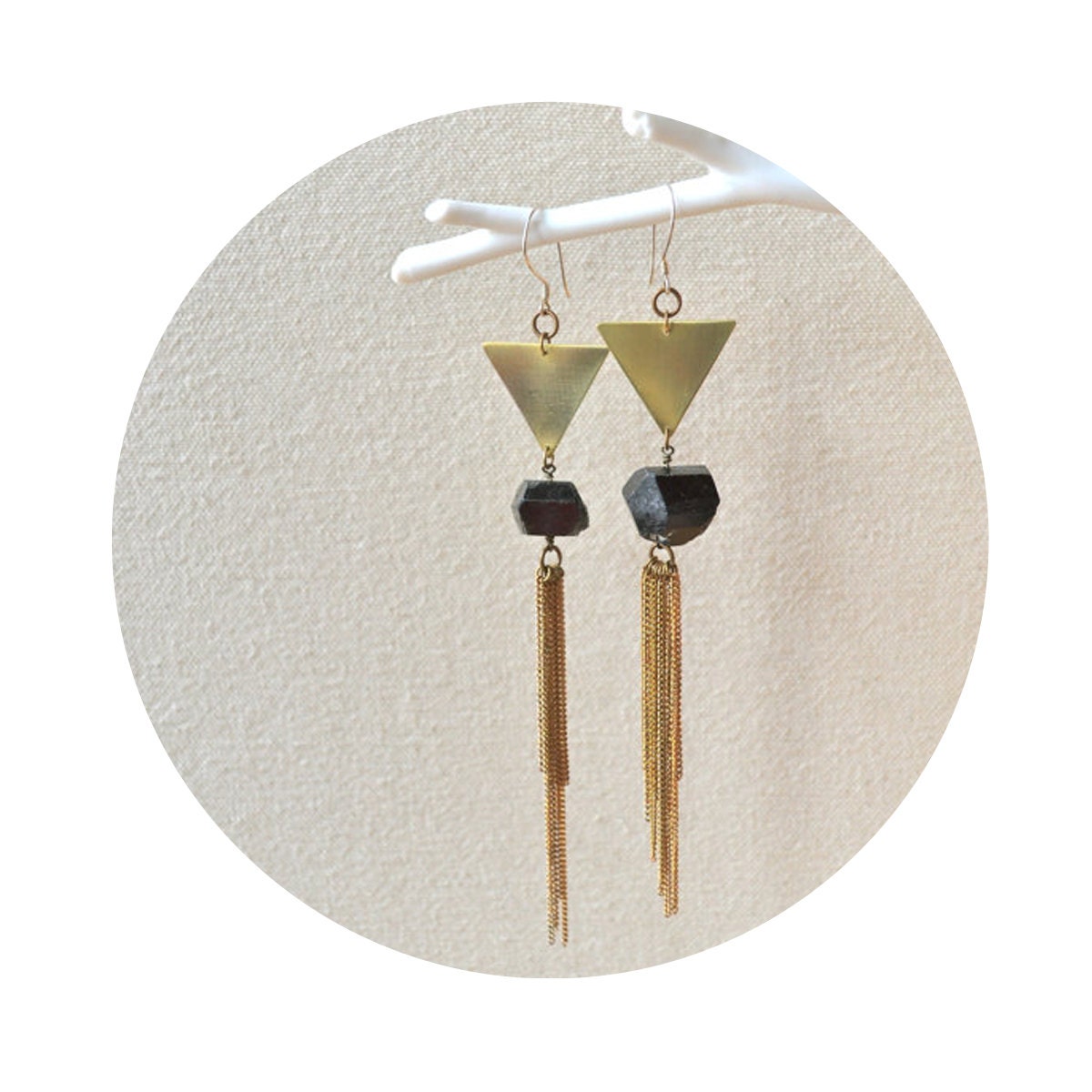 HALF OFF Psychic City Earrings- Geometric Hand Cut Brass with Black Tourmaline and Vintage Chain