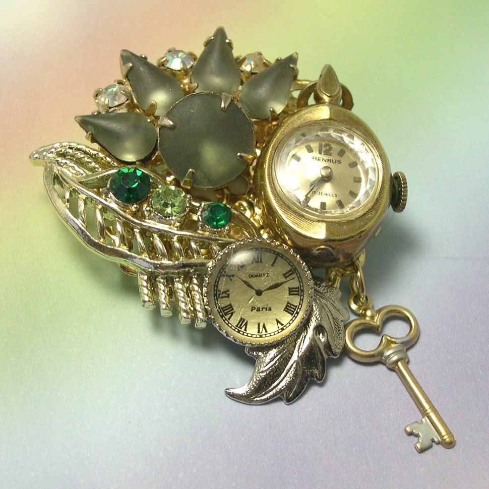 Upcycled Green Watch Brooch, made with vintage jewelry, watch pin, green brooch, eco friendly, recycled brooch, key, rhinestones, ooak