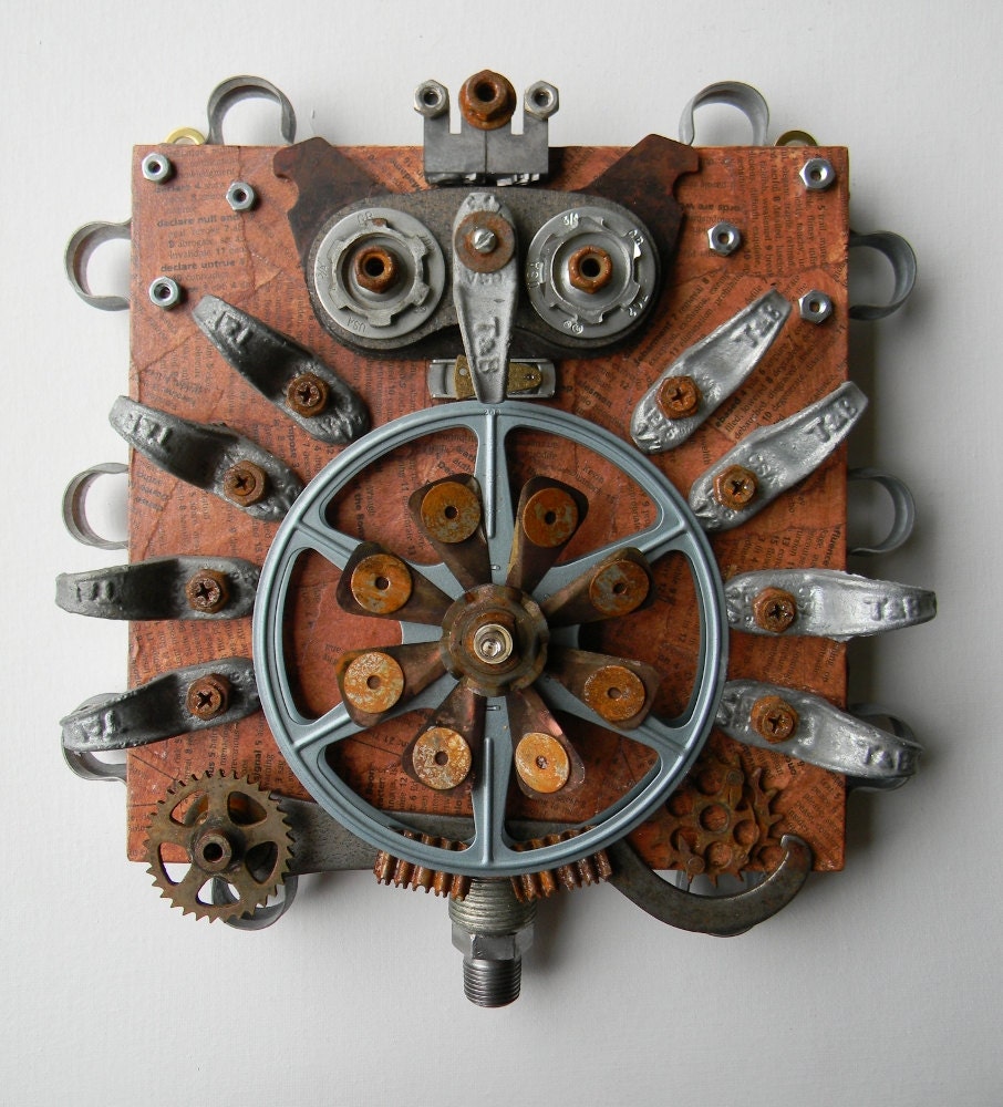 Recycled Art Assemblage  -  "Owl (Film Reel)"   -  Original Mixed Media