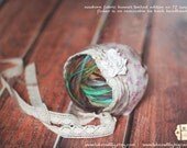 newborn baby girl fabric bonnet with removable flower tie back headband sari silk cotton lace ready to ship pale linen gray pink