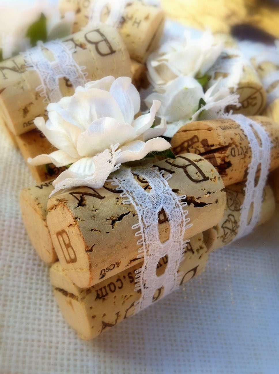 Vintage Ivory Lace Wedding Place Card Holders, Set of Ten, Recycled Wine Corks for Rustic, Shabby Chic, Vineyard Wedding, Winery Wedding