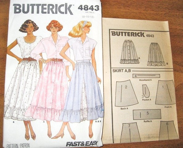 Ruffled Flared Full Skirts Button Front and Pull on Women's Vintage 1980s Butterick Easy Sewing Pattern 4843 Waist 24 25 26.5 Factory Folds