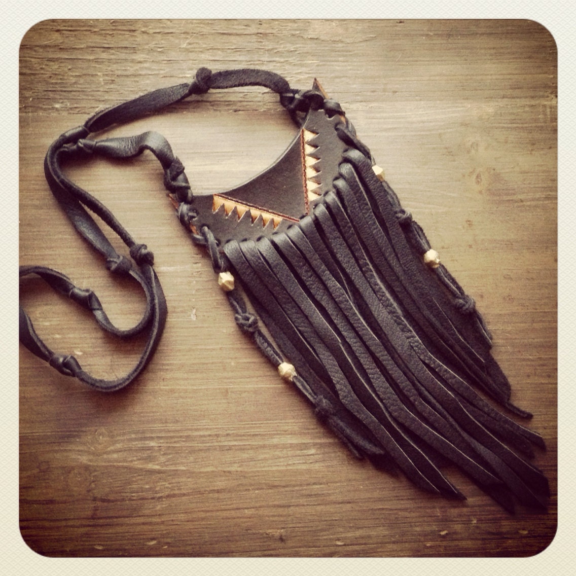 Black & Brass Fringe Leather Necklace