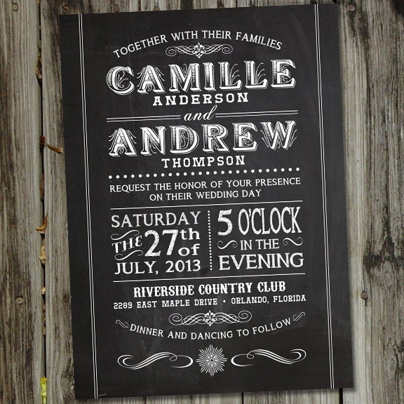 Vintage Retro Chalkboard Style PRINTABLE Wedding Invitation
