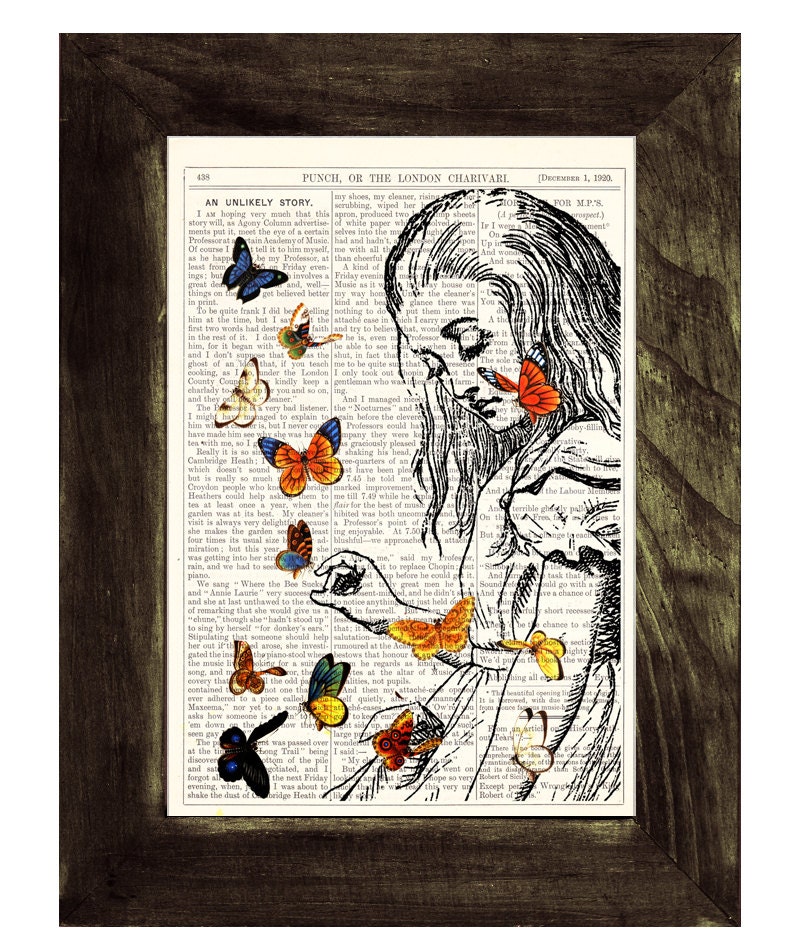 Book print Alice in Wonderland Playing with butterflies print on Vintage Dictionary Book art