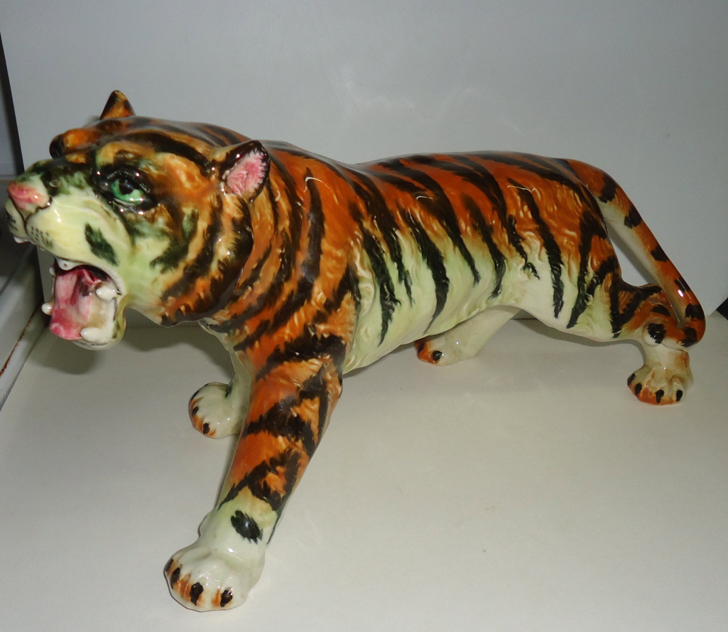 Large Pottery Tiger Figurine Hand Painted Nice by mtnzookeeper