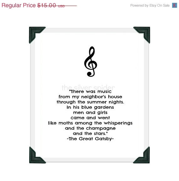 sale // F Scott Fitzgerald The Great Gatsby - Music From My Neighbor's Garden - Quotation Art Print - 8x10