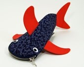Shark Bag by MinneBites / Fun Bag - Geometric Red Cobalt Navy - Fish Bag - Pencil Pouch - Modern Pencil Holder - Gift for Her