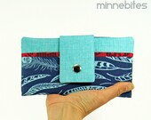 Basic Wallet by MinneBites / Handmade Modern Wallet for Women - Blue Feathers Passport Wallet Case - Feather Fabric, ready to ship
