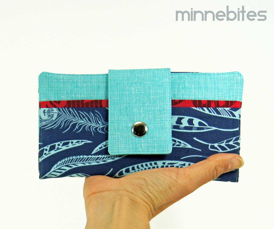 Basic Wallet by MinneBites / Handmade Modern Wallet for Women - Blue Feathers Passport Wallet Case - Feather Fabric, ready to ship