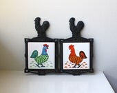 Danish Modern Retro Graphic Rooster Tile / Cast Iron Trivets Pair Scandinavian Style 1970's