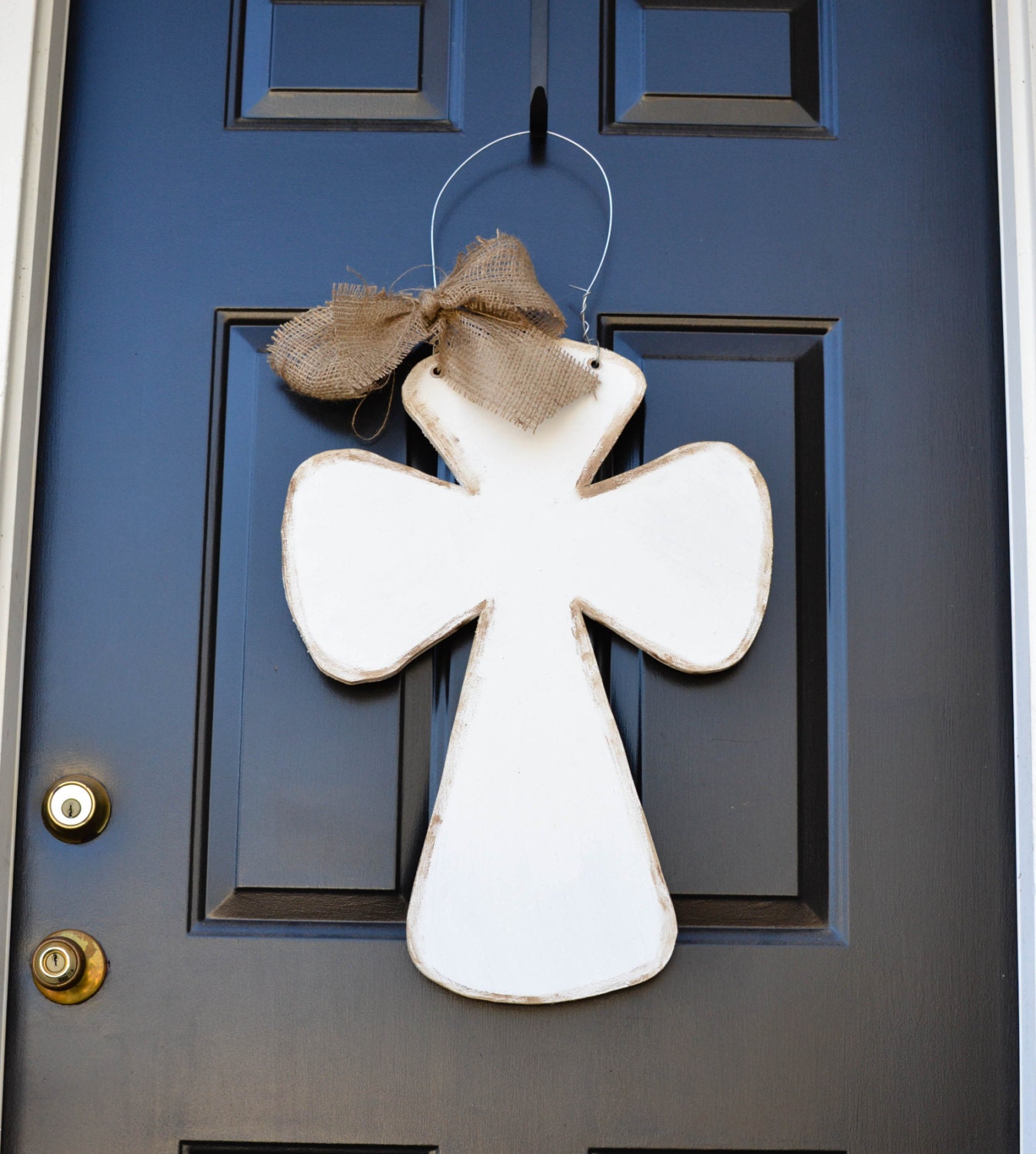white distressed cross door hanger