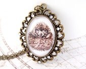 Hedgehog Necklace - Animal Art with Antique Brass Plated Bronze Pendant Jewelry