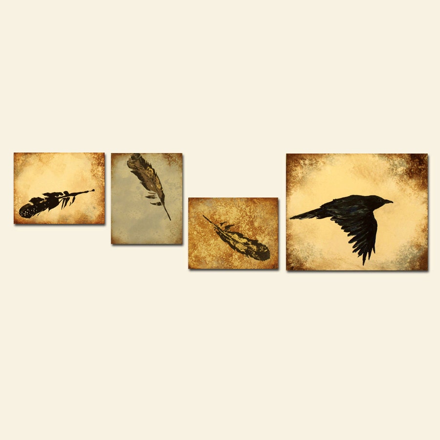 Crow Very Large Custom Painting, Abstract feathers and rustic distressed art