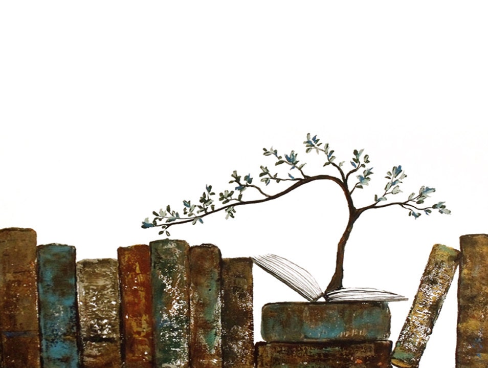 Book art print and tree, 11x14 large, Minimal thoughtful wall art