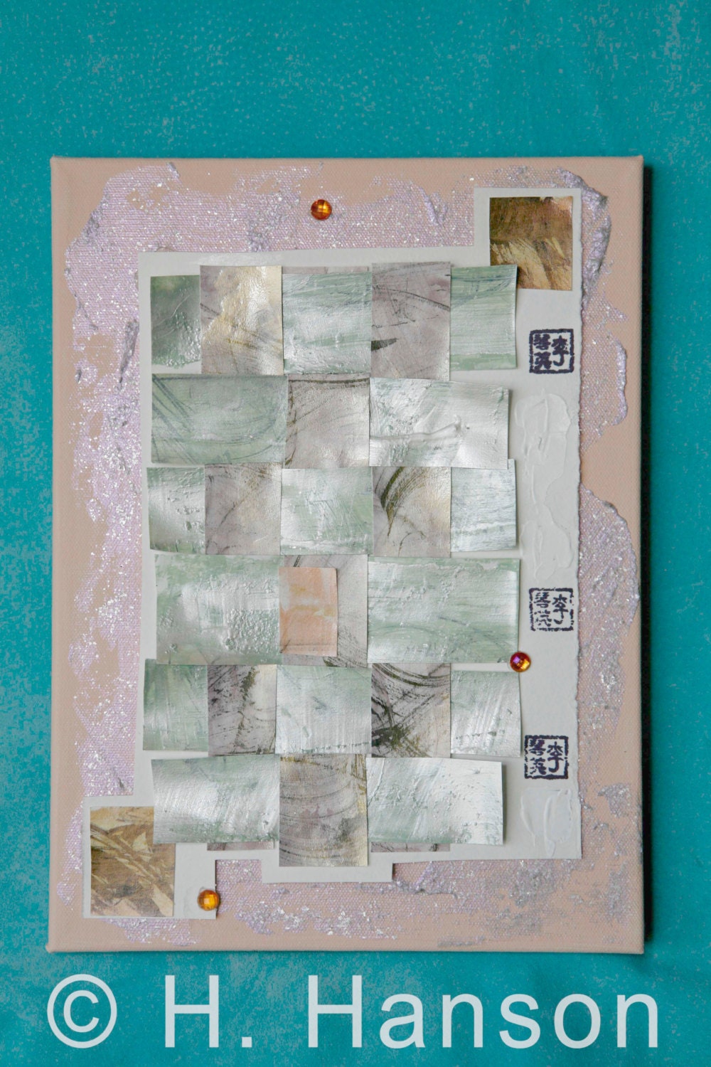 paper collage on canvas, ready to hang 9x12, oriental weaving, "Presence" healing art, relax, recharge