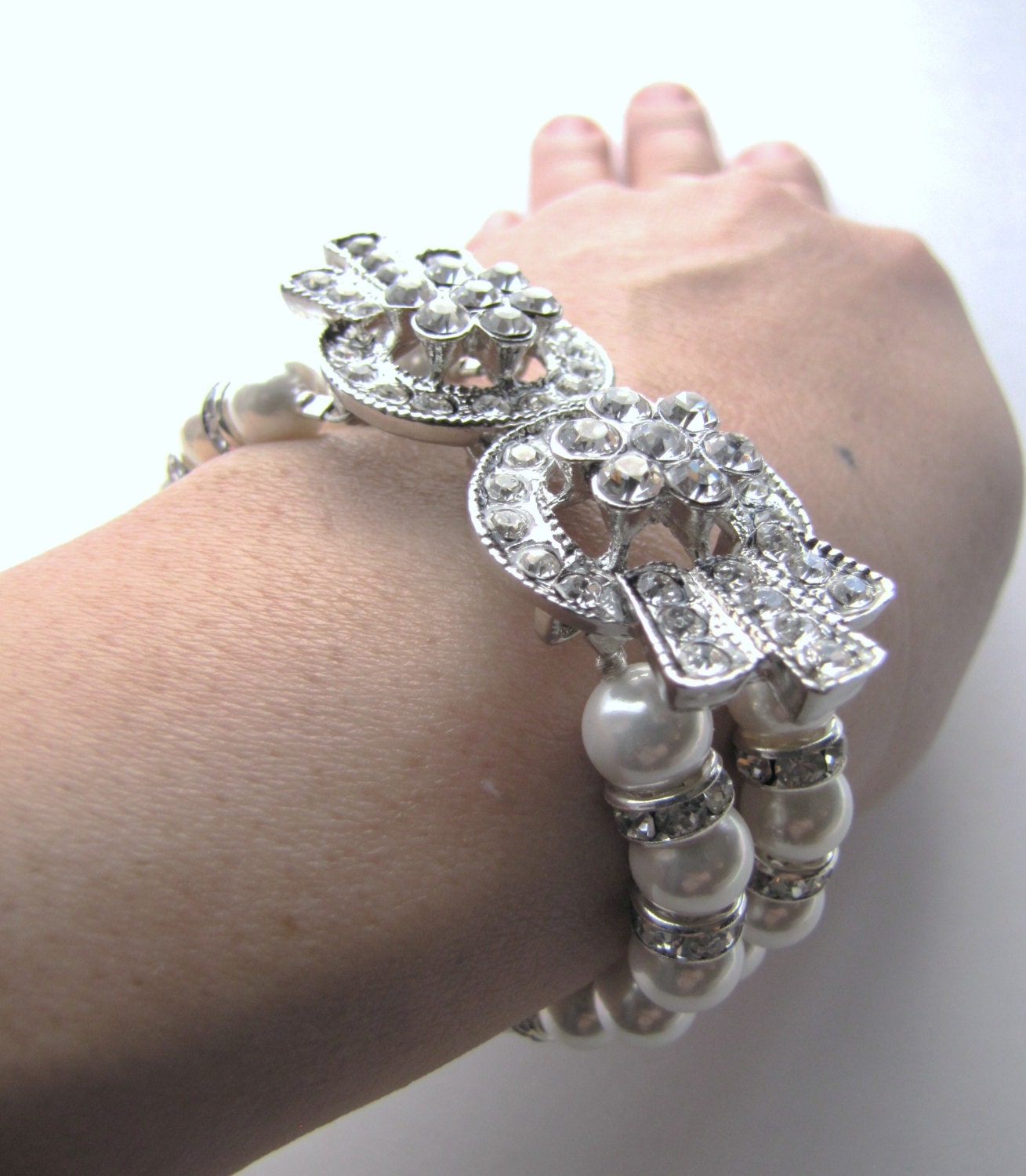 Double flower rhinestones bridal pearl bracelet , Double strand white South sea shell pearl wedding bracelet  - Mia