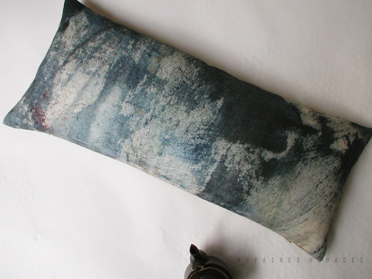 Linen Long  Cushion. Printed original motif.  Blue gray .. Allusion blue woods /  FRAGMENTS