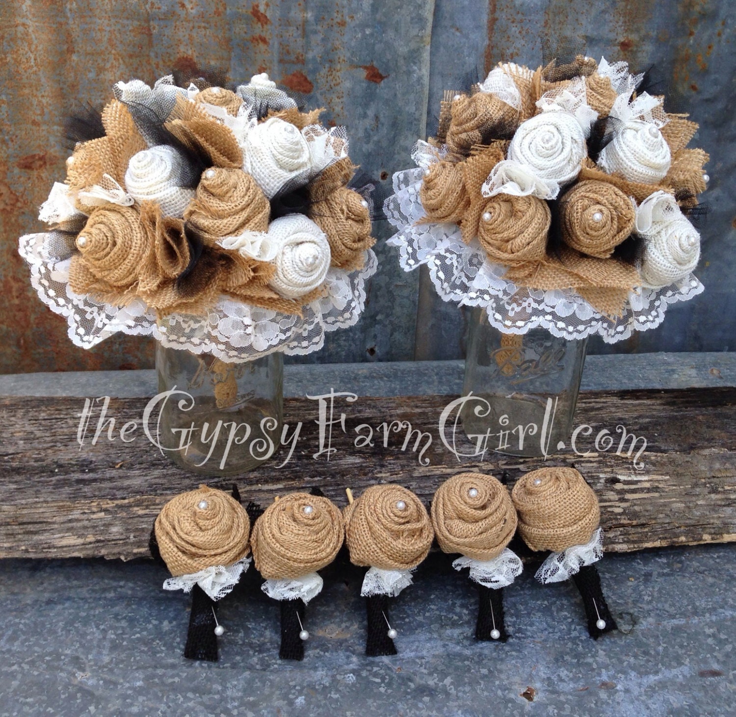 Tan and Black Burlap and Lace Wedding Bouquets and Boutonnières