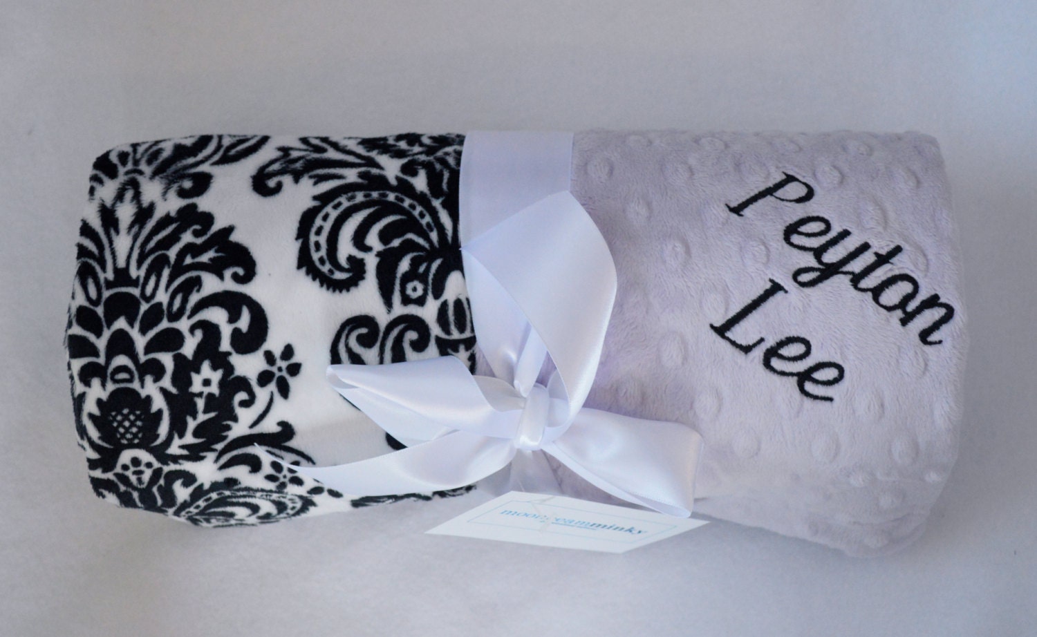 Minky Baby Blanket - Monogrammed Lavender with Black and White Damask - Personalized