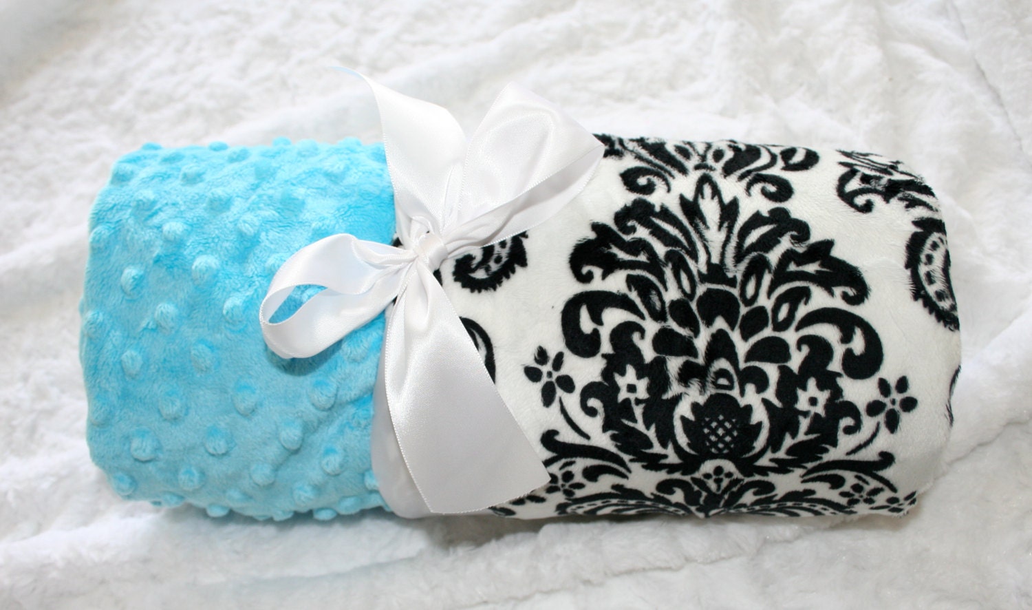 Minky Baby Blanket - Turquoise with Black and White Damask - Personalized custom Monogrammed