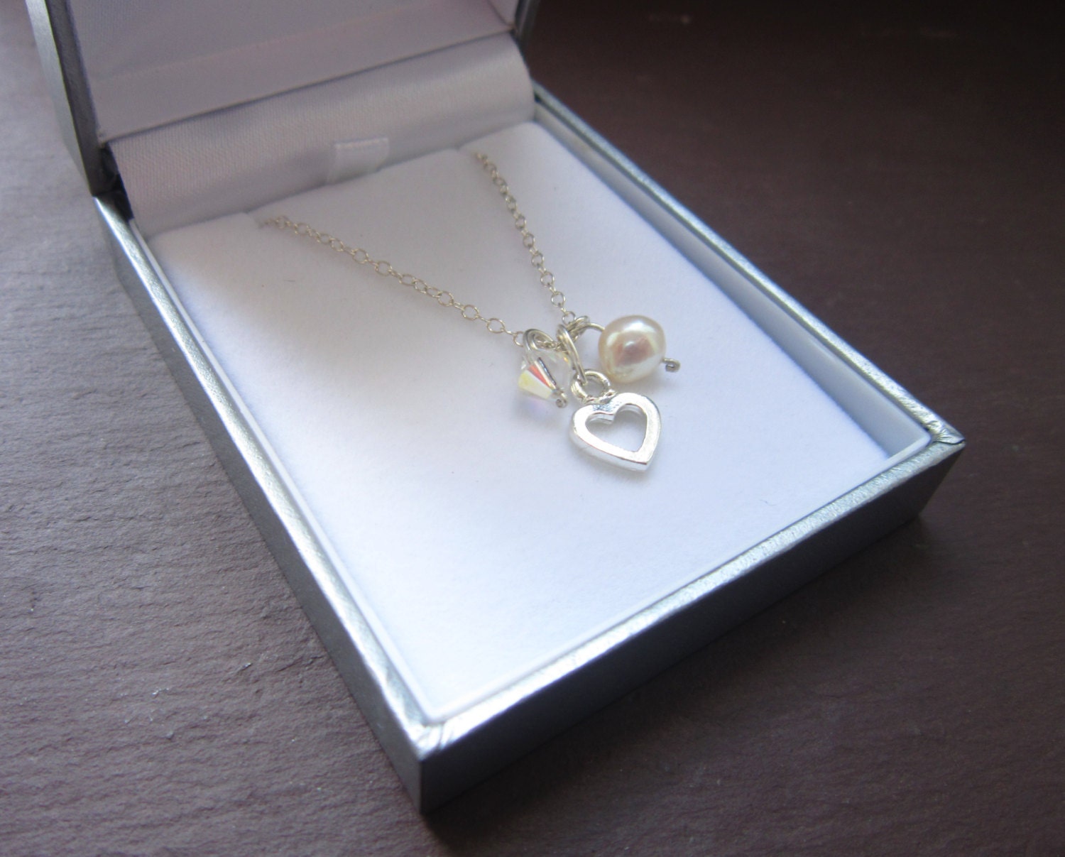 Heart charm necklace - Silver chain. Swarovski Crystal, Fresh Water Pearl.  Bridesmaid gift jewelry
