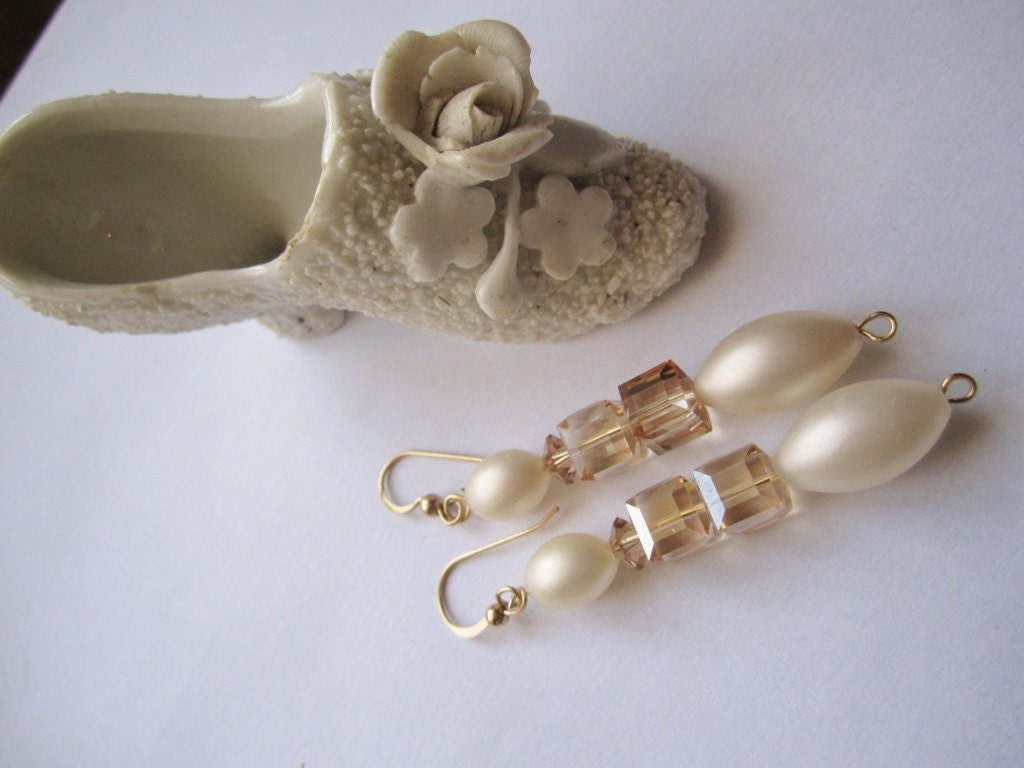 Earrings with Swarovski Faceted Cubes and Vintage Faux Pearls