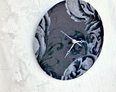 Shabby Chic Damask Clock Black Gray and White Upcycled Recycled French Floral Motif Bedroom Boudoir Home Decor Wall Clock