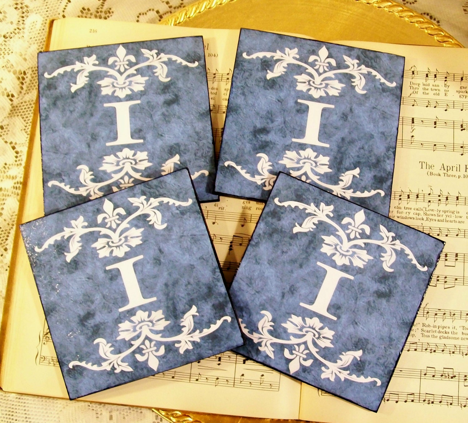 Miki's Listing Monogrammed Gifts Blue and Chocolate Coasters Set of 4 Decoupaged Coasters