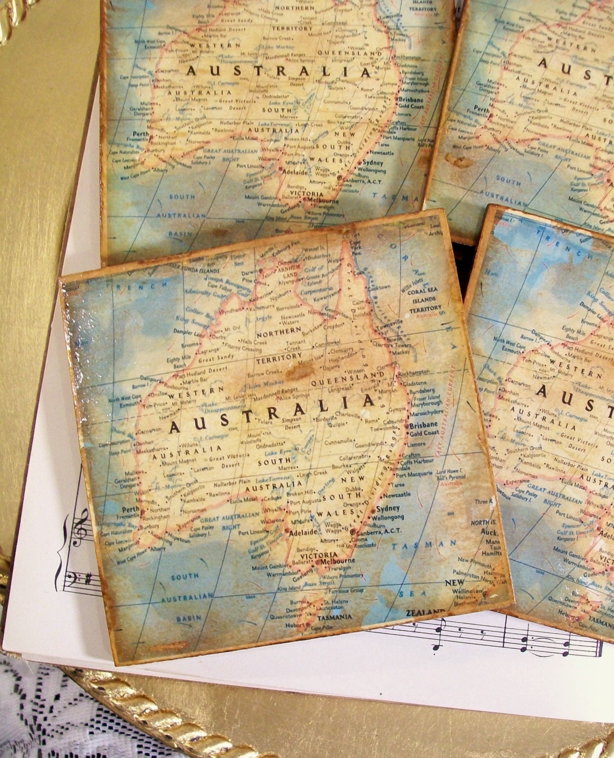 Map Coasters Old World Map of Australia Stained & Antiqued Map Coaster Set of 4 Decoupage Art Teachers Historians World Travelers