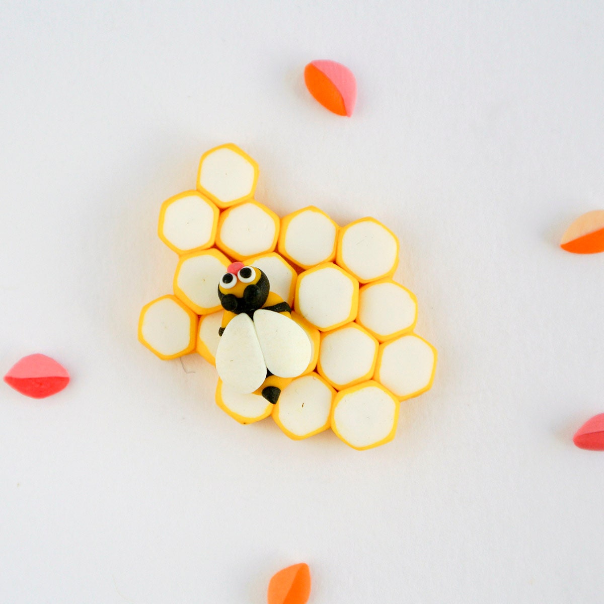 Honeycomb brooch with bee, spring jewelry hand sculpted in polymer clay