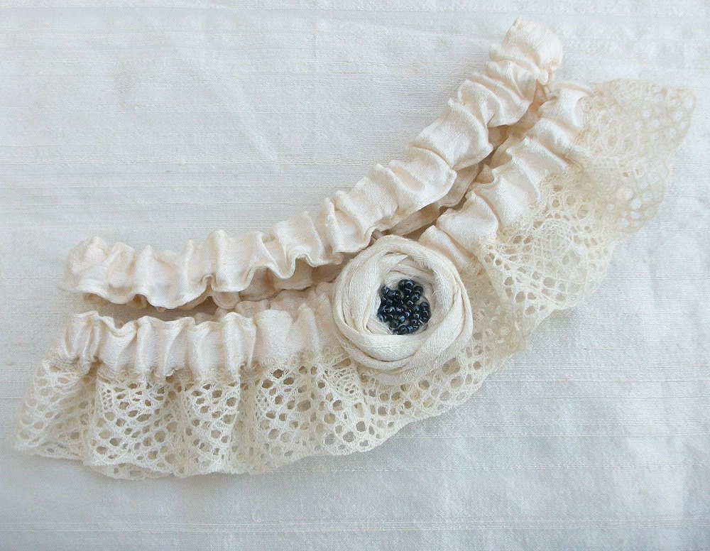 Cream Lace and Raw Silk Bridal Garter Set -Vintage inspired keepsake and toss garters
