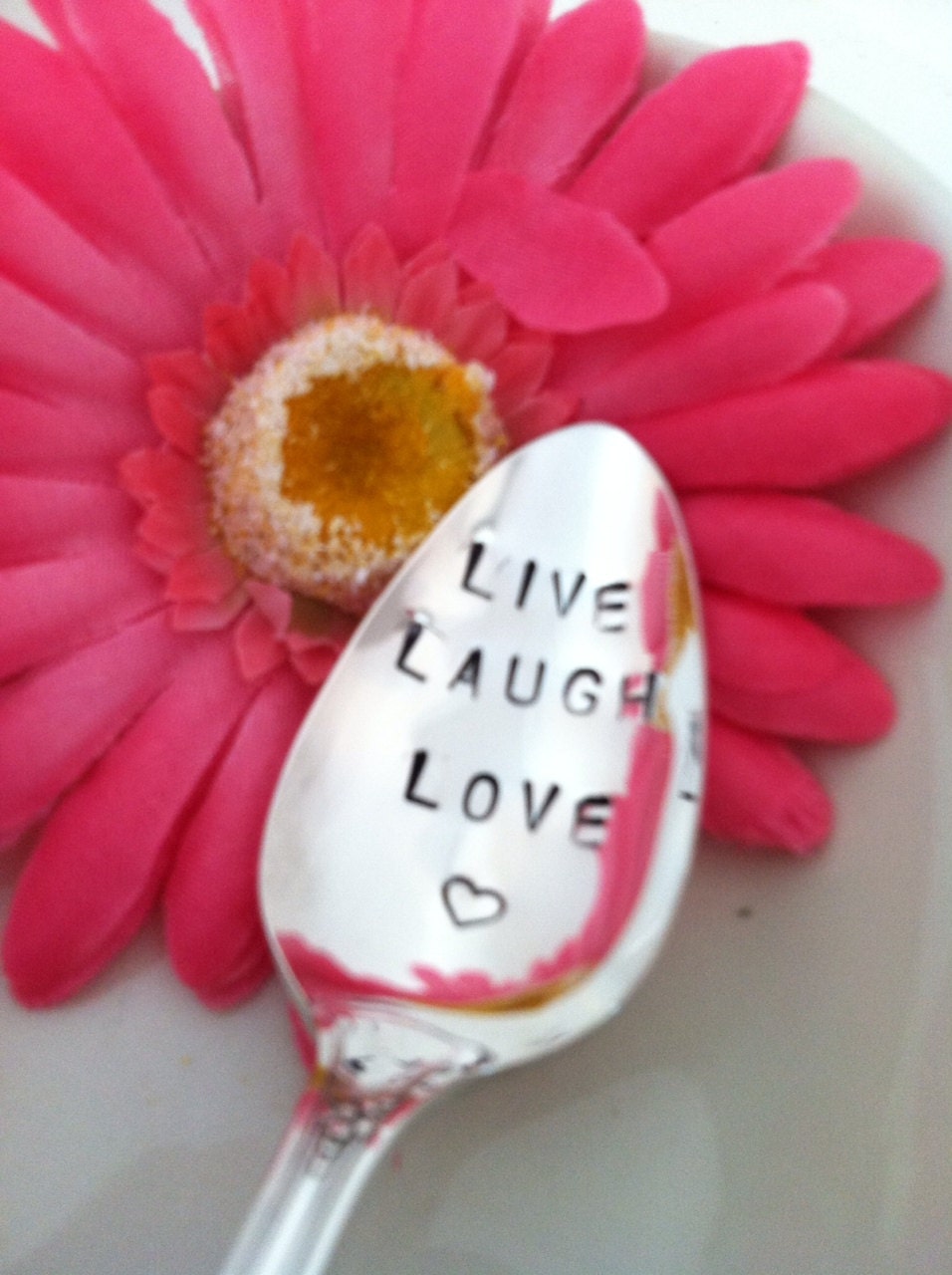 Hand Stamped Vintage Silverplate Spoon Live laugh Love with heart stamp Silver Plated