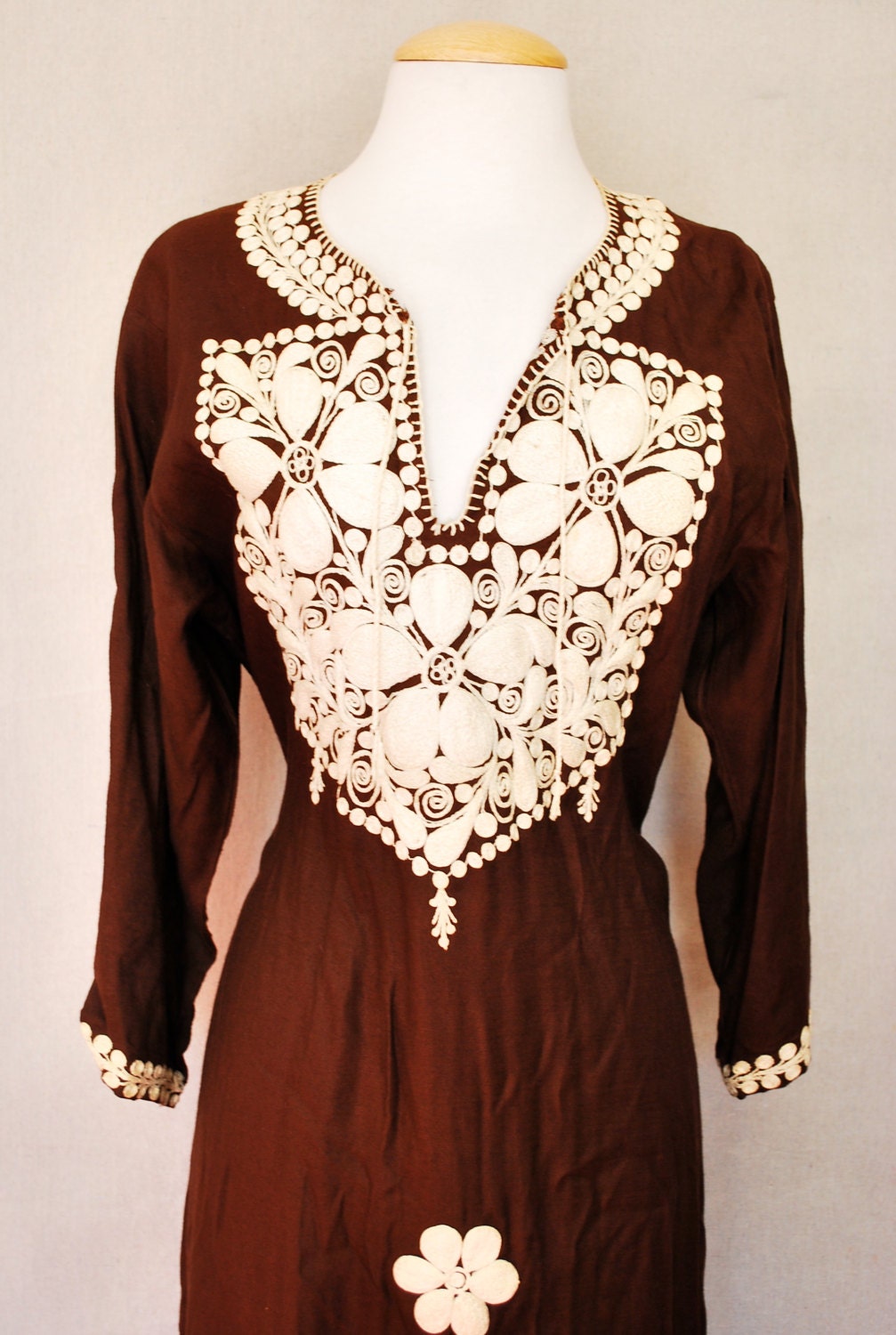 Vintage 1950s or 60s Hand Embroidered Crewel Work Chocolate Brown Maxi Dress Caftan Medium