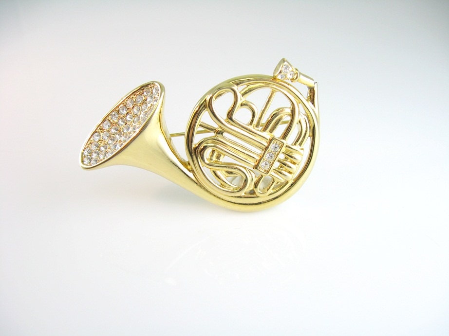 Vintage French Horn Designer Signed KJL Rhinestone Embellished