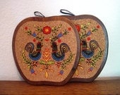 Two Folk Art Rooster Trivets - Wall Hanging - wood and cork