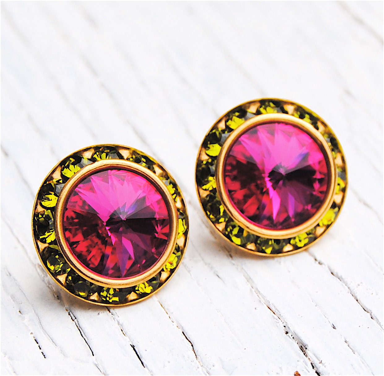 Fuchsia Pink Olive Green Rhinestone Stud Earrings Swarovski Hot Pink Earrings Pink Bridesmaid Earrings Sugar Sparklers Mashugana