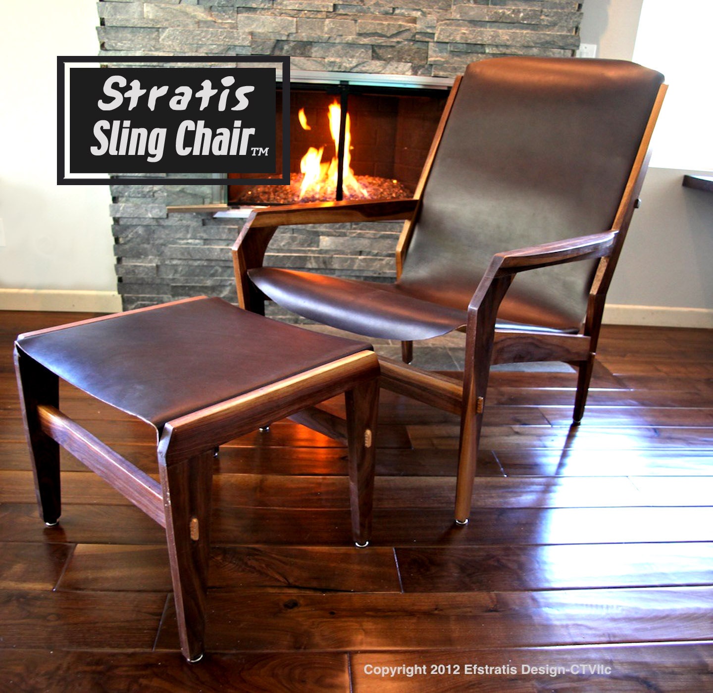 Stratis Sling. Chair and Ottoman, Handmade Original Design, One of a Kind,  Leather Lounge Chair, Mid Century Modern