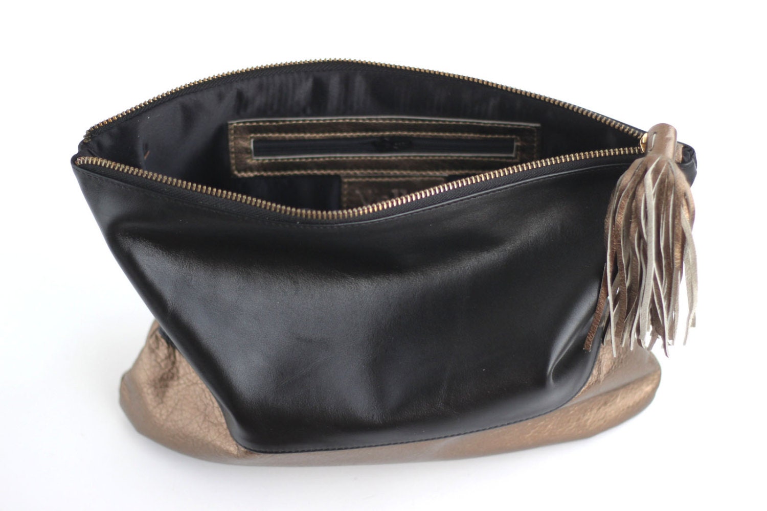 Leather Party Tassel Clutch in Black and Bronze- SALE