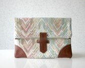 Pastel Ikat Fold over Clutch Purse Bag Leather Details Repurposed Vintage Fabric