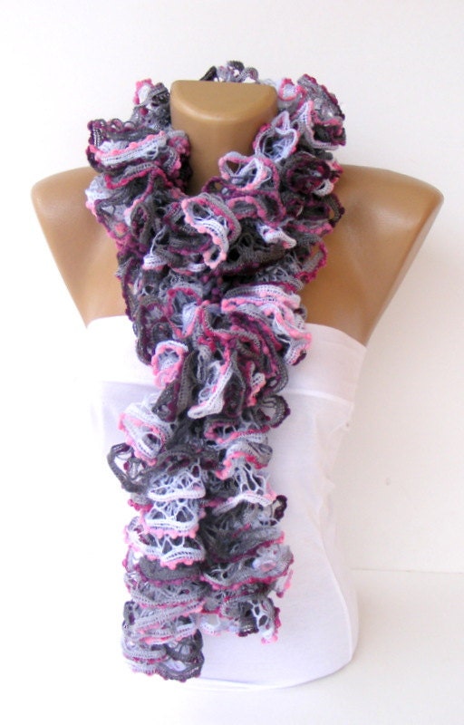 Hand Knitted Ruffled Scarf, women fashion scarves, pink and purple scarf, 2013 TREND SCARF, accessory, for her, fashion, long scarf