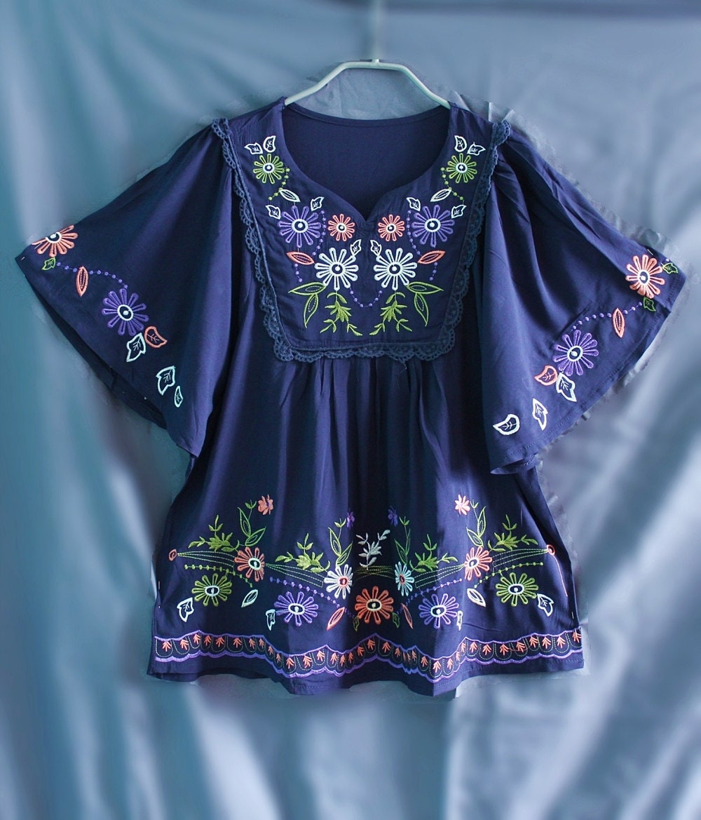 Women Shirt Ladies Top Blouse Maternity T-shirt Tunic Dress Blue Caftan Kaftan Embroidered Summer